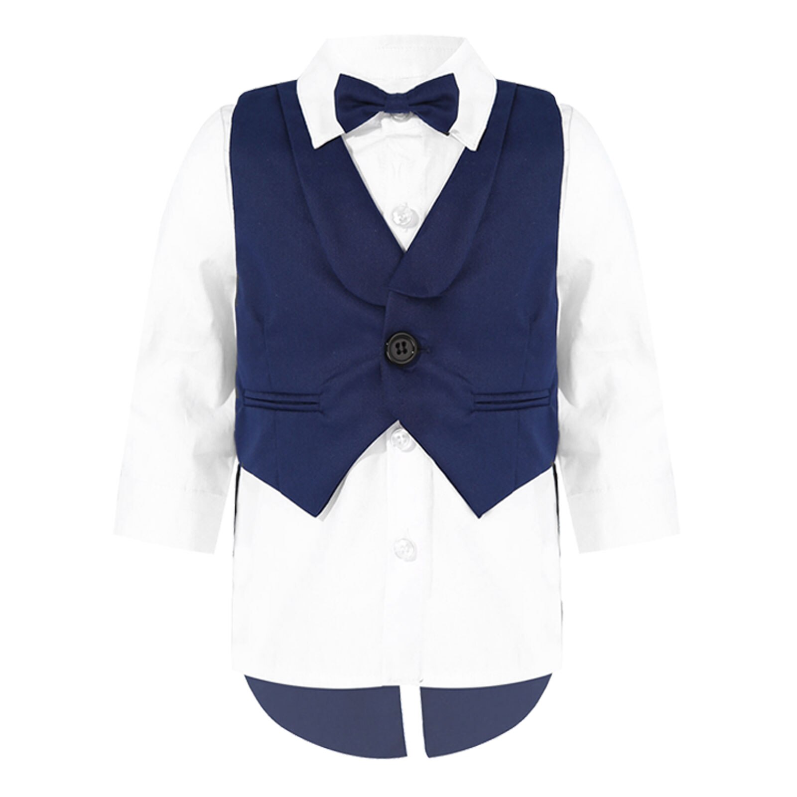 Trajes de esmoquin para bebés y niños, chaleco de esmoquin con botones, camisa blanca de manga larga, Top con pajarita: Nave Blue / 6-9M