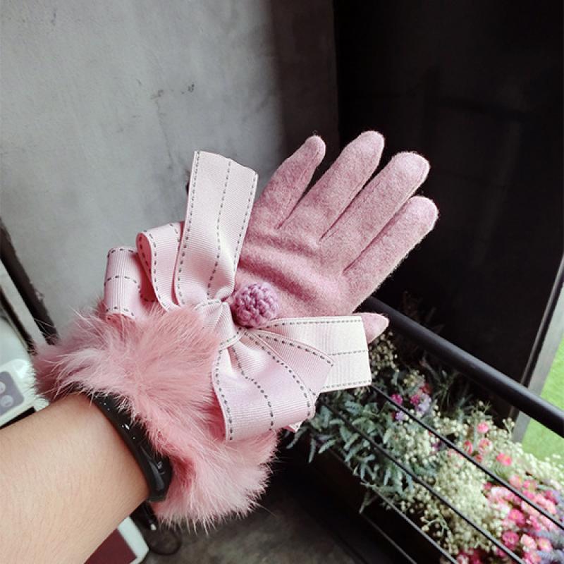Cashmere Gloves Wool Piece Jump Point Bowknot Hair Ball Gloves Korean Touch Screen Five-Finger Warm Gloves