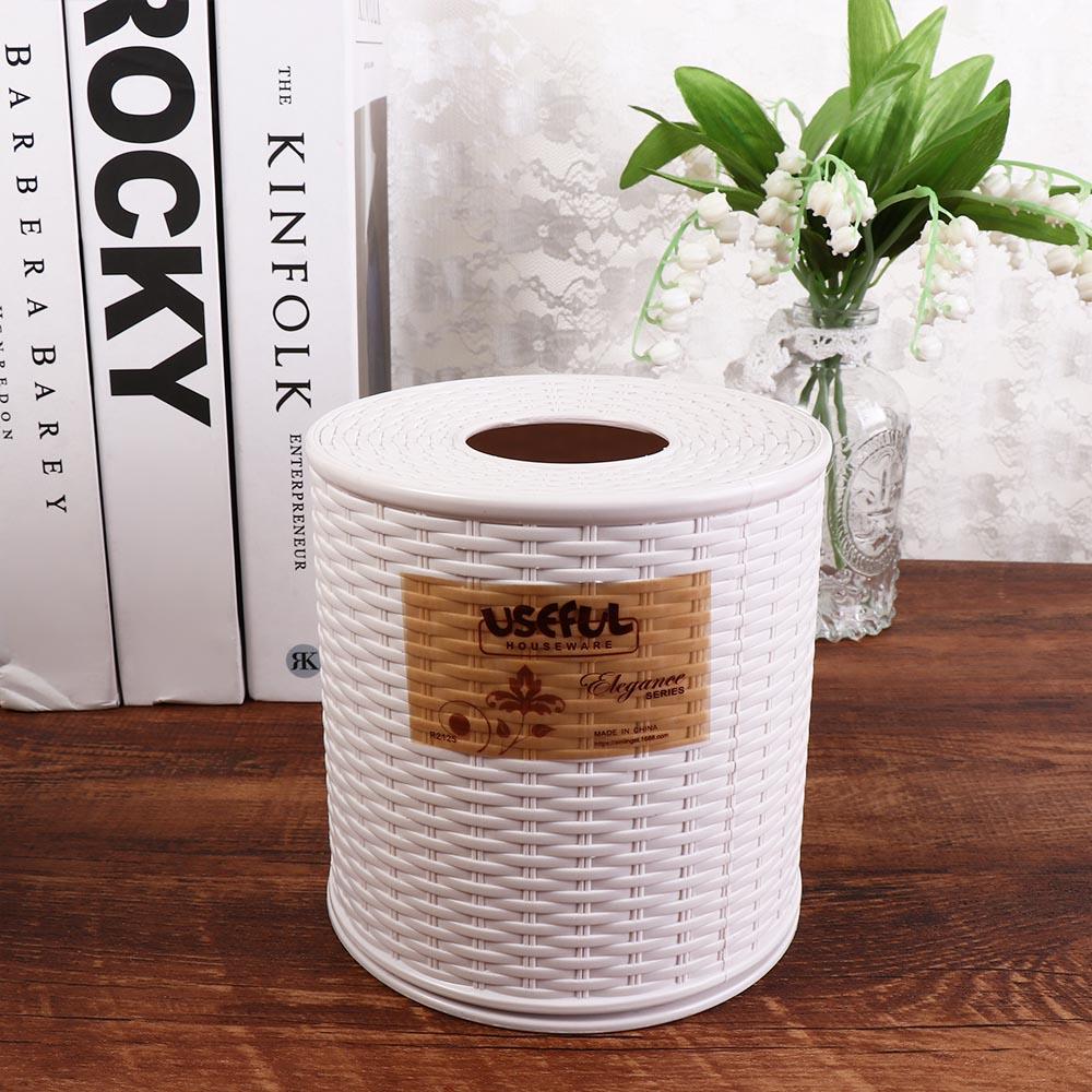 Caja de almacenamiento de pañuelos de mimbre de simulación Beige/marrón oscuro, rollo decorativo a prueba de polvo, estante de papel, contenedor, caja de pañuelos de plástico redonda