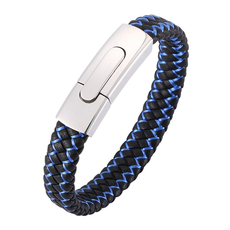 Fortafy Mannen Sieraden Zwart Lederen Touw Blauw Nylon Touw Gemengde Weave Mannelijke Armband Rvs Sluitingen Man Armbanden FR0045: Steel color clasp / Inner Perimeter165mm