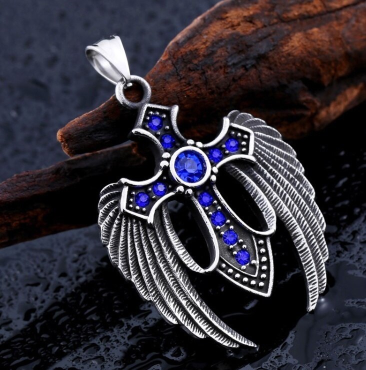 Colgante de pluma de piedra de 3 colores para hombre, Cruz de Cruz con alas dobles de acero inoxidable, Punk, tendencia de clásica: Azul