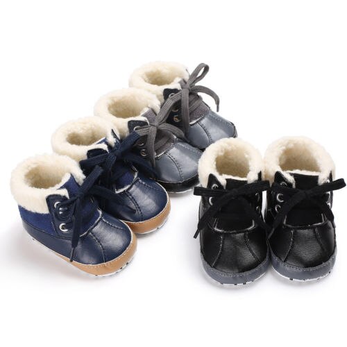 Di modo Appena nato Del bambino Del bambino Dei Ragazzi Scarpe Inverno Stivali Da Neve Morbida Suola Peluche Scarpe Sottopiede anti-scontrino di Pizzo su scarpe Da Ginnastica 0-18 m