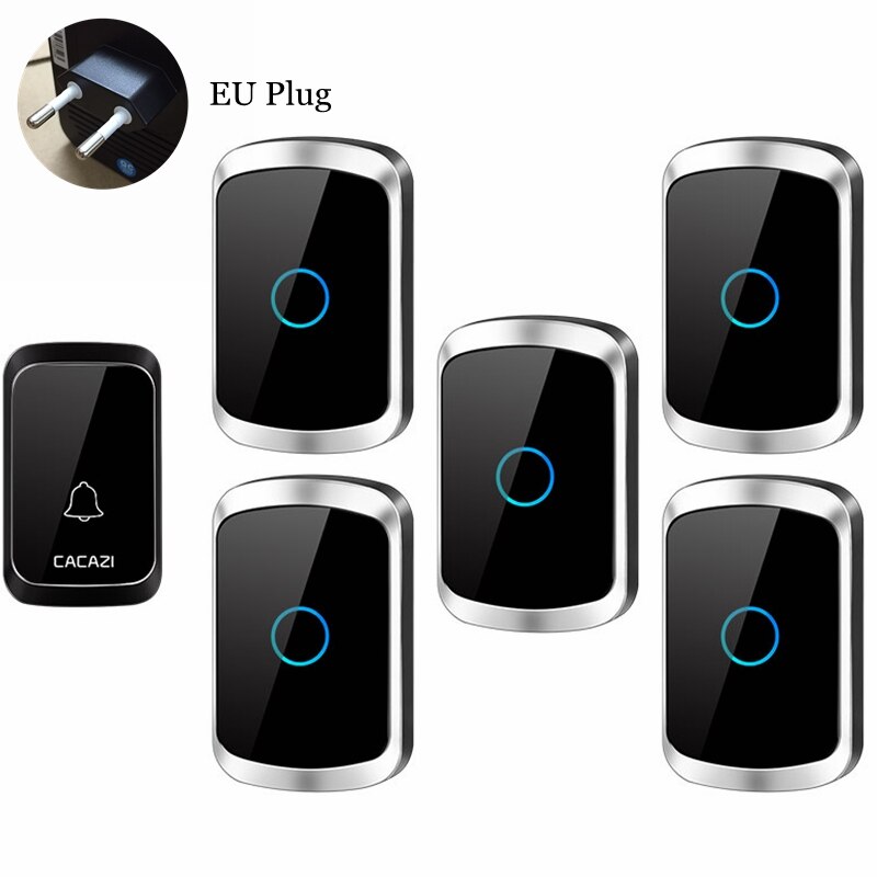 CACAZI Smart Wireless Door Bell Waterproof 1 Transmitter 5 Receiver US EU UK AU Plug Battery Home Bell Chime Wireless Ring Bell: black 1x5 EU