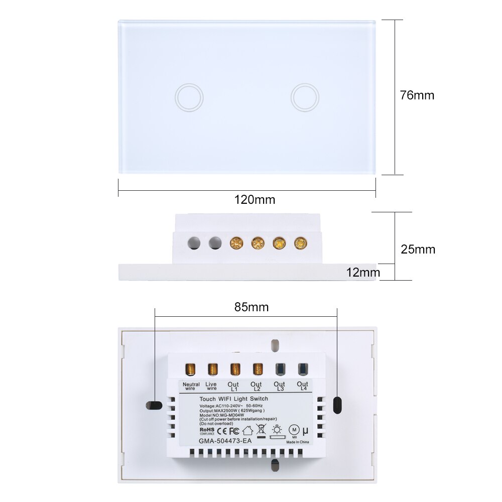 WiFi Smart Touch Wall Light Switch No Neutral Wire Needed Compatible with Alexa and Google Home Single Pole 110V 2 Gang 3 Way