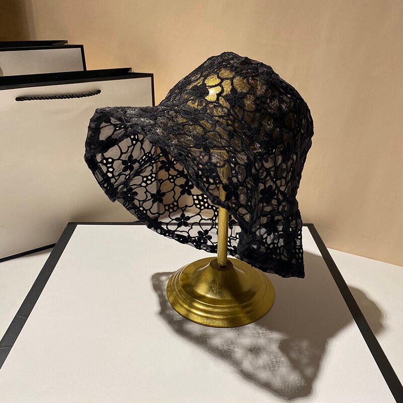 Vintage Lace Bucket Hat Women Summer Beach Sun Hats Korean Hat Breathable Fisherman Hat: black