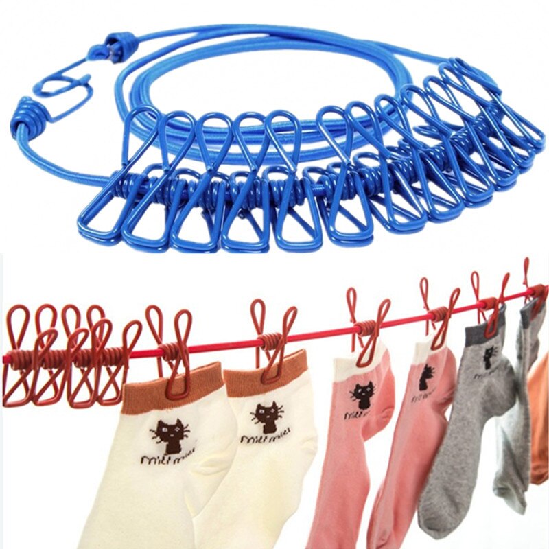 180Cm Droogrek Voor Kleding Doek Hangers Draagbare Reizen Waslijn Multifunctionele Lijn Met 12 Clips Staal Kleding Lijn Pinnen