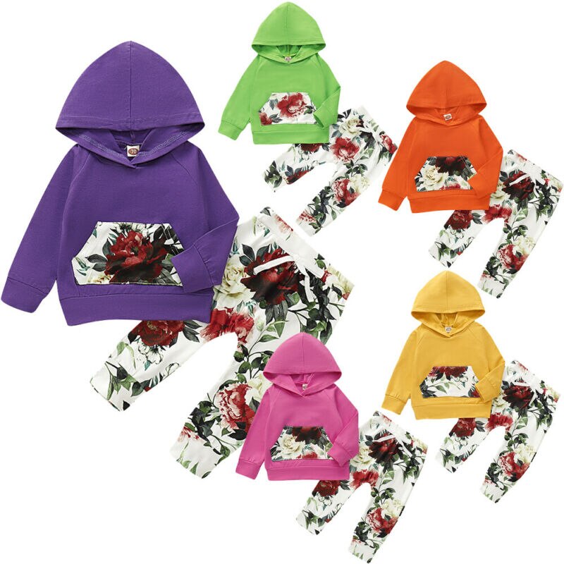 Neue Beiläufige Kleinkind Baby Mädchen Jungen Mit Kapuze Spitzen Blumen- Hosen 2Stck Outfit einstellen Kleidung 0-24M