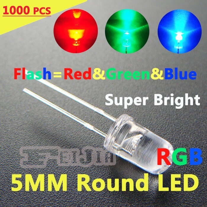 1000 stks/partij 5mm Ronde LED Diode Super Lndicator lichten heldere Flash Rood & Groen & Blauw/RGB Flash 7 kleur