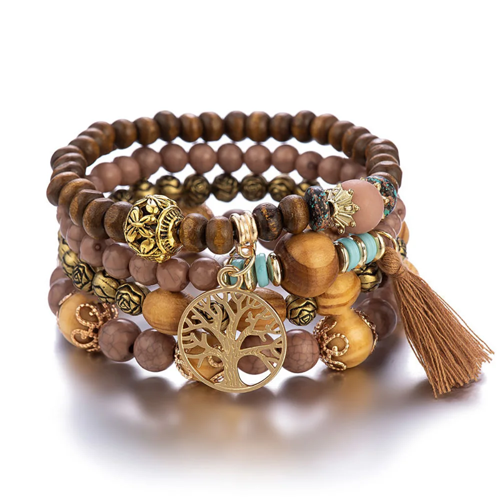 Conjunto de pulsera de árbol de la vida para mujer, brazalete de cadena elástica con cuentas de madera y borlas, joyería de para: Verde oscuro