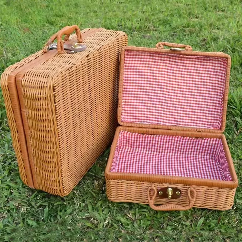 retro Rattan Koffer handgemachte Weide Picknick Lagerung Korb Reise Camping Lebensmittel Snack Gepäck Container Stroh gewebt Koffer