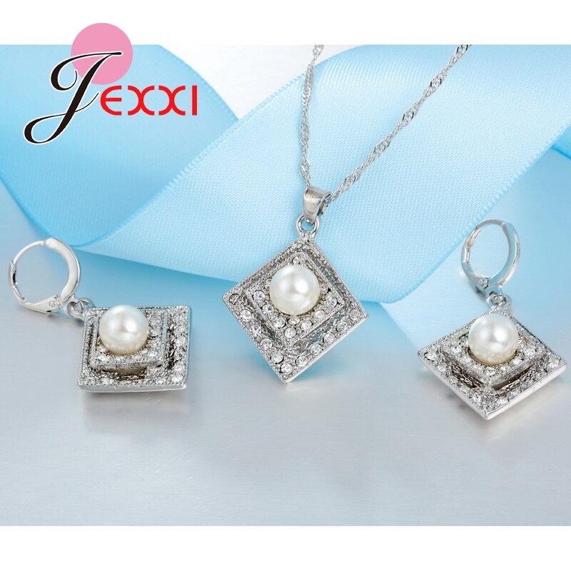 925 Sterling Silber Kette Zirkonia mit Perle Quadrat Anhänger Halskette Ohrringe Schmuck Sets Bijoux