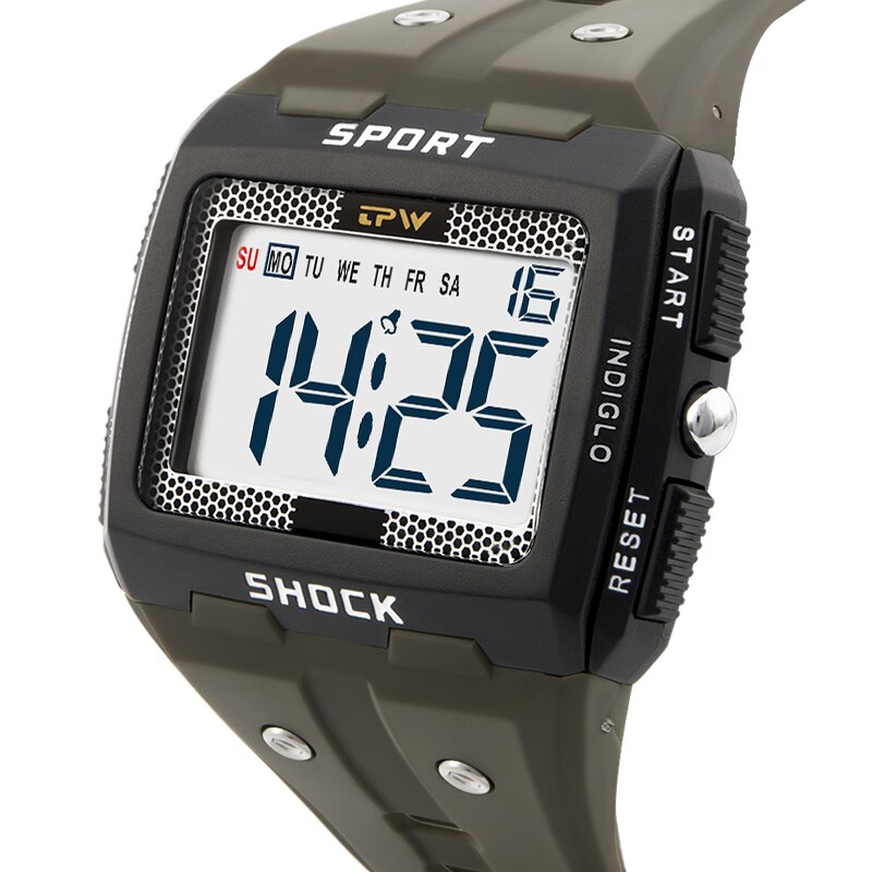 Grote Cijfers Mannen Sport Horloge Digitale Multifunctionele Alarm Chrono 5Bar Waterdicht Back Light Vierkante Scherm