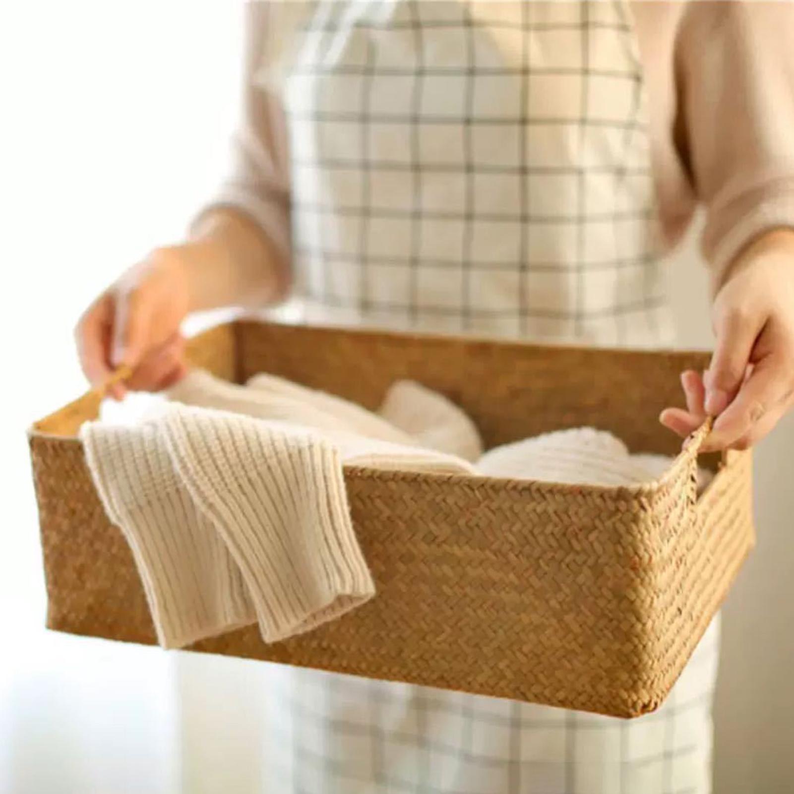 Natural Straw Rectangular Desktop storage basket Wire Handles Decor Seagrass Woven Wicker Basket Organizing Shelves mx01171052