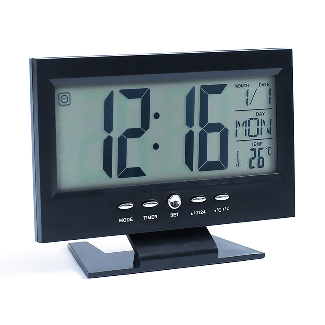 Digital clock Thermometer student bedside alarm clock voice control sleepy back light electronic clock (black)
