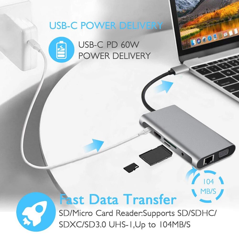 Notebook Smartphone Uitbreiding Converter Type-C Hub Dock 10 In 1 Hdmi-Compatibel Vga Pd Usb 3.0 Sd tf RJ45 3.5Mm Pd Opladen Adap