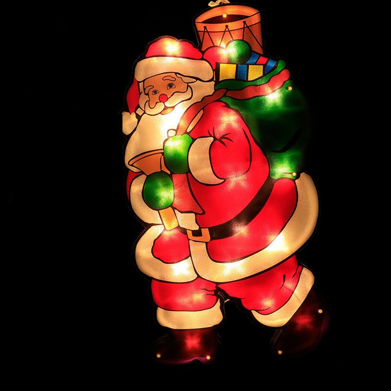 Kerstkamer glazen raam versierd met sterrenverlichting, lamp met zuignap, gekleurde lamp, hanglamp, kerstman sfeerdecoratie