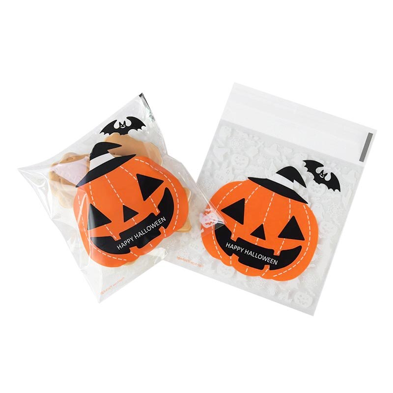 50 kpl 10*10cm onnellista halloween-pussia keksi-karkkipussi muovipakkauspussit kekseille välipala halloween-juhlien sisustustarvikkeet: B02
