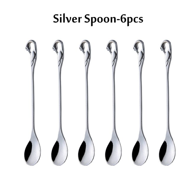 Swan Fruit Base Holder Forks Set Stainless Steel Flatware Bento Accessories Salad Dessert Fork Coffee Spoon Cake Fork Dinner Set: 6PCS Silver Spoon