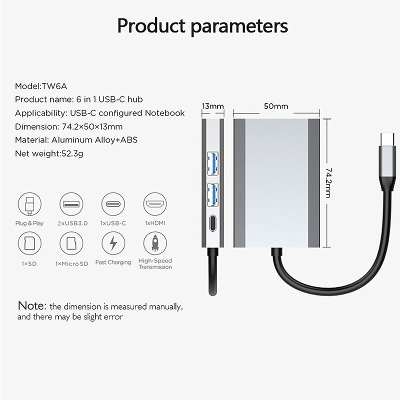 6 In 1 Usb C Hub /Type C Data Hub Met 6-Poort 2 Usb 2.0 + 4K Hdmi + Tf + Micro-Sd + Type C Pd Poorten