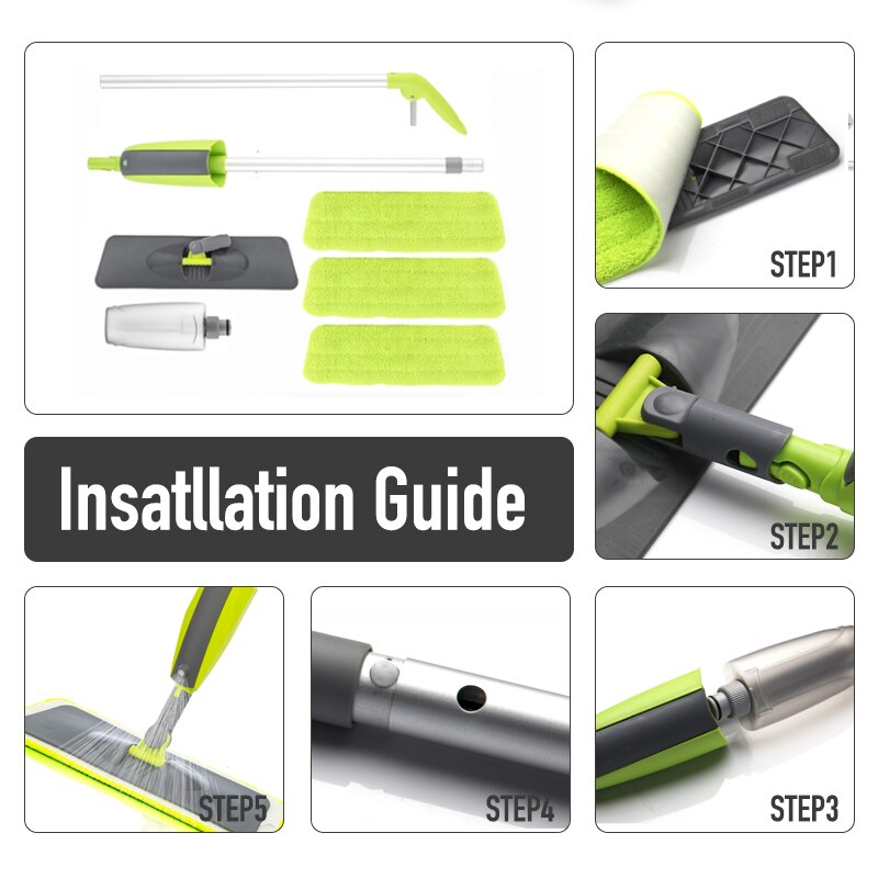 Hand Free Green White Spray Mop with 3/6 Reusable Microfiber Pads 360 Degree Handle Mop for Home Laminate Ceramic Floor Cleaning