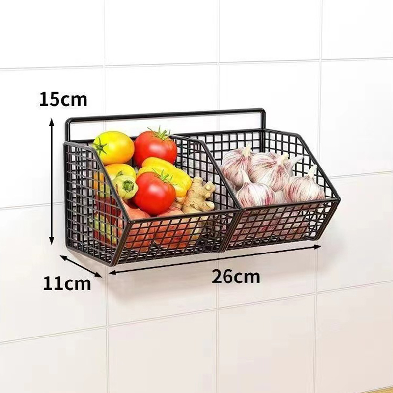 Cesta de armazenamento de cozinha montada na parede, rack de armazenamento de fio durável para legumes e frutas, adequado para organização doméstica: Níquel preto