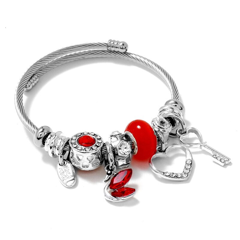 Crystal Swan Stainless Steel Bangles For Women Jewelry DIY Rhinestone Hollow Key Heart Love Cuff Bracelet Bangle: Red