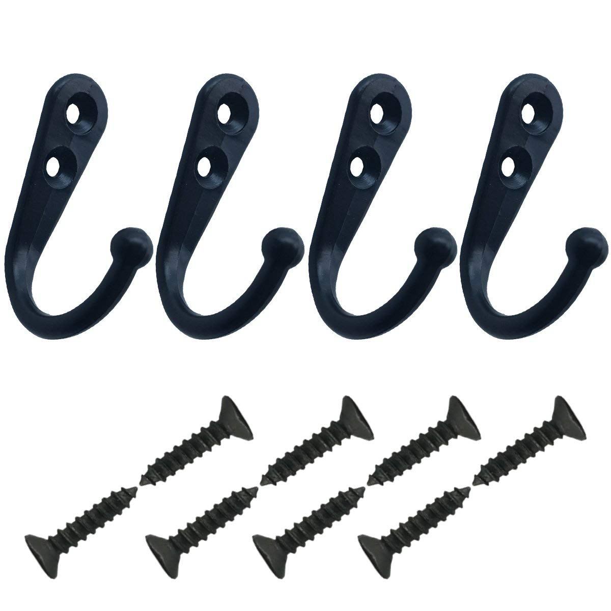 24 Pieces Coat Hooks Wall Mounted Robe Hook Single Coat Hanger No Scratch and 50 Pieces Screws Black