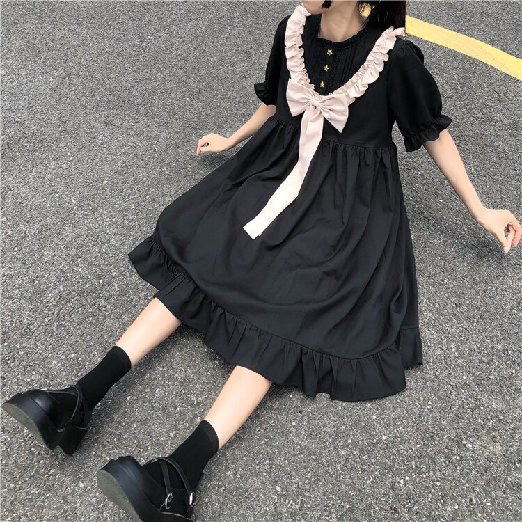 Gothic Lolita Jurk Japanse Dark Harajuku Mode Zoete Strik Dunne Jurk Kawaii Meisje Zomer Stijl