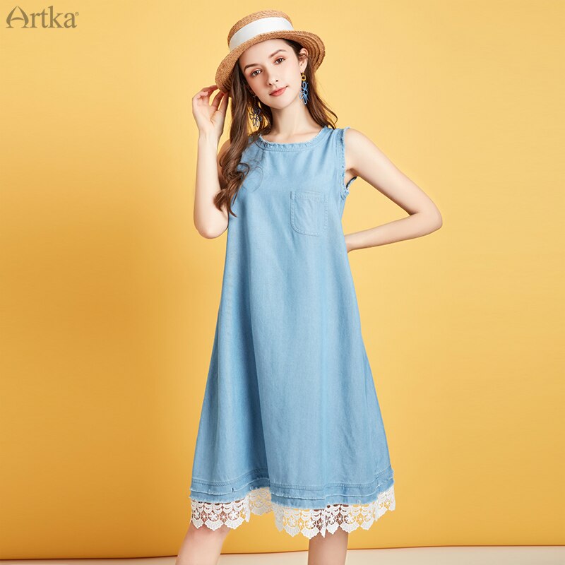 ARTKA Summer Women Dress Simple Denim Dresses A-Line One Piece Lace Dress O-Neck Sleeveless Long Dress LN25001X