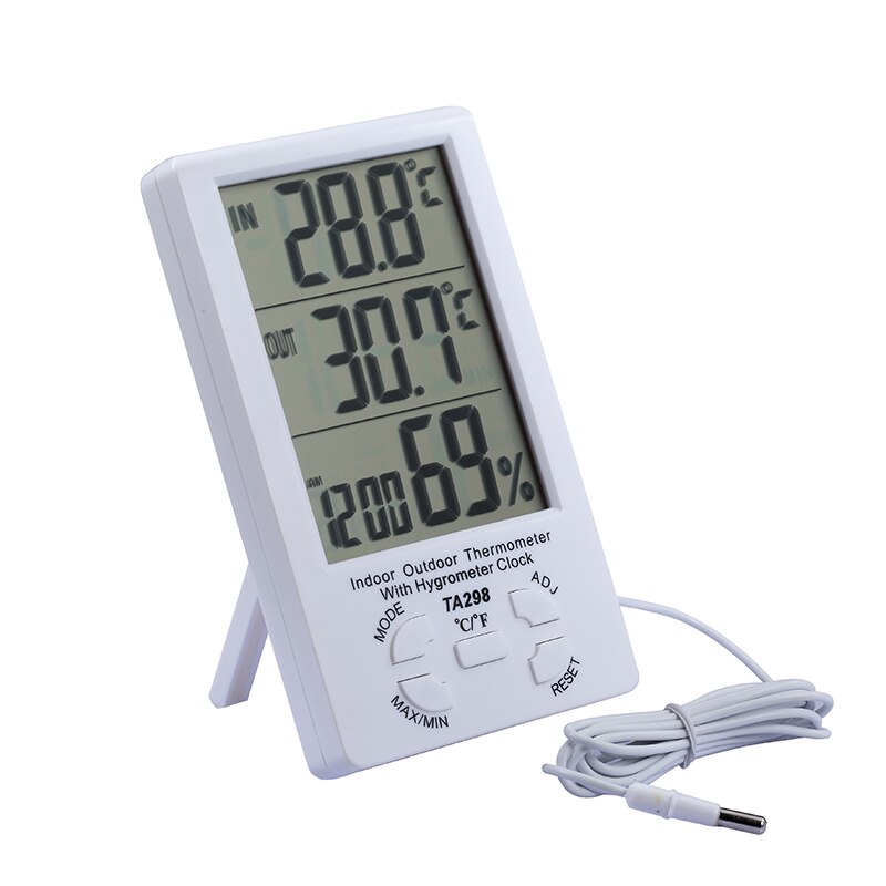 Indoor Outdoor LCD Digital Desktop Temperature Meter Humidity Thermometer Time Clock with External Probe Sensor Cable