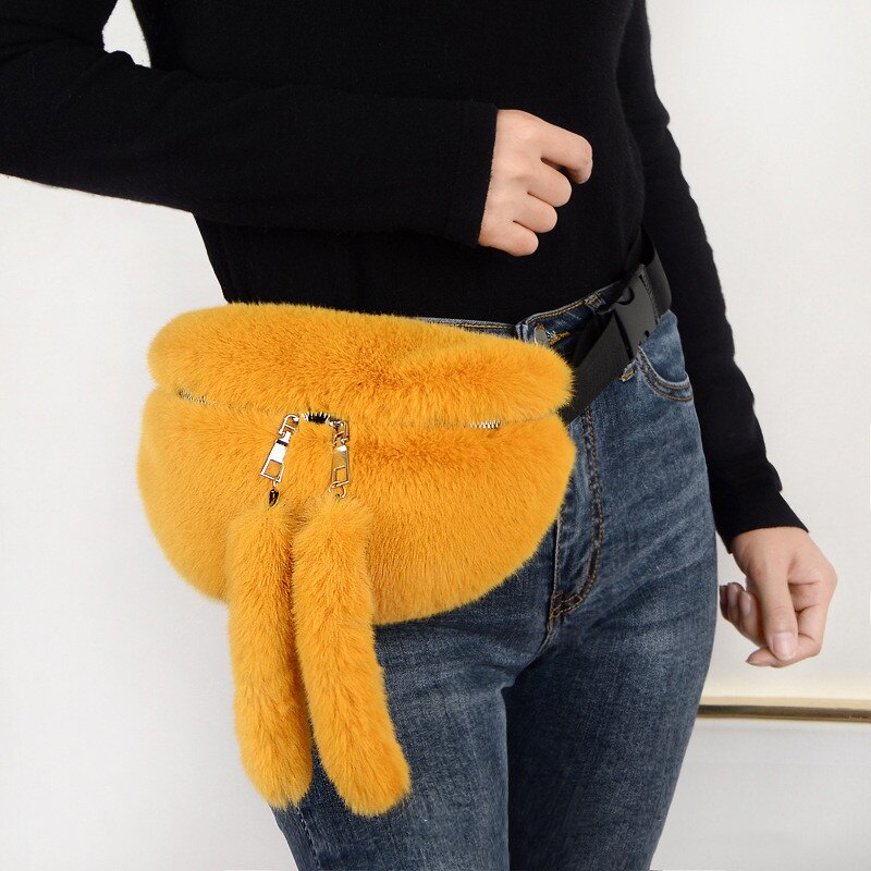 Women Travel Faux Fur Bag Belt Waist Bag Girls Handbags Women Casual Lapel Shoulder Bag Tote Bag: yellow