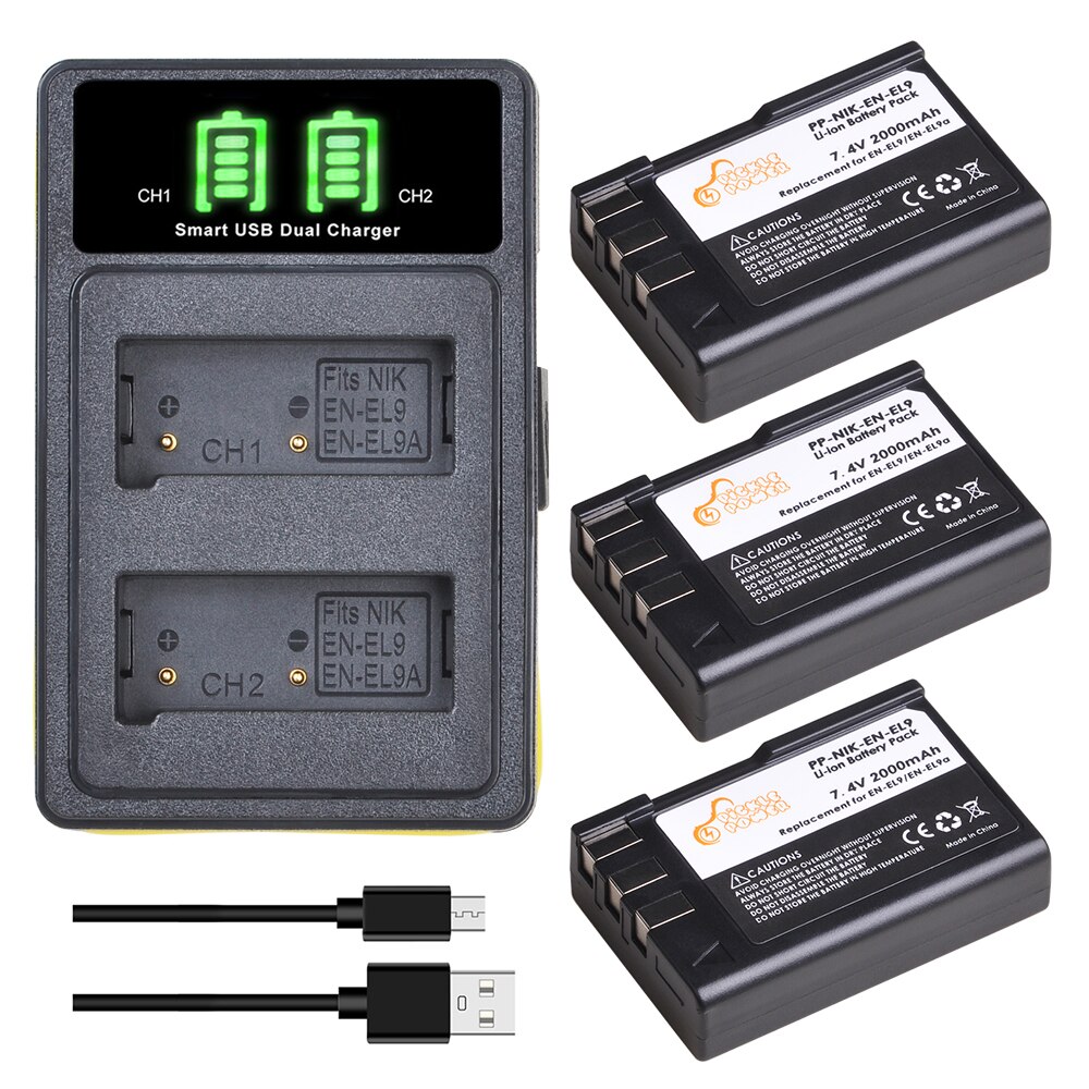 3 stuks 2000 mah en -el9 en-el9a en  el9 batterij + type-c led-laderkits voor nikon en -el9a d40 d60 d40x d5000 d3000 camera: Oplader en 3 accu's
