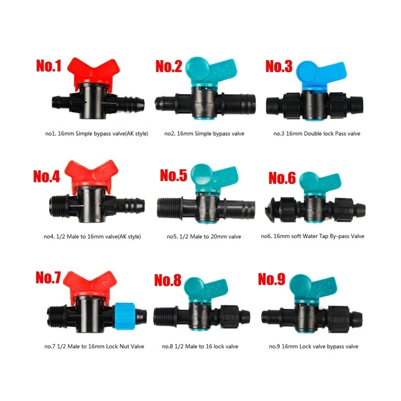 5pcs 16-Kinds Drip Irrigation Tape Ball Valves 1/2" Thread 16mm 20mm 25mm Barbed Connectors Trickle Irrigation Water Pipe Valve