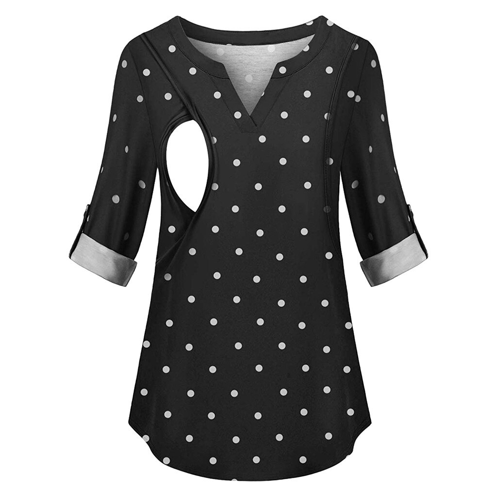 Summer Pregnancy Shirt Plus Size Maternity Clothes Nursing Top Polka Dot Print Breastfeeding Clothes Pregnant Ropa Embarazada: Black / S