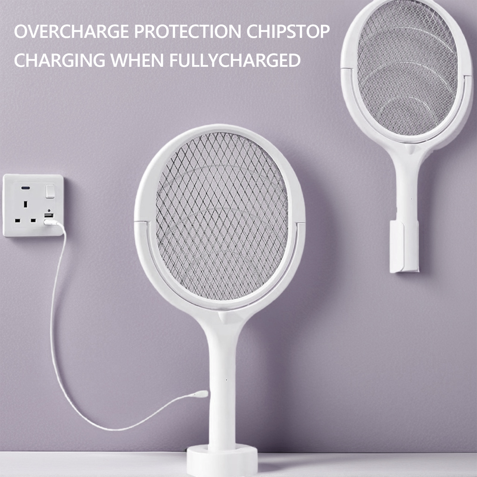 Poderosa raquete elétrica mata-moscas com proteção de malha de segurança para controle de mosquitos