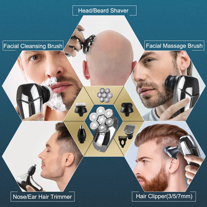5 in1 Head Shavers for Men 7D, Cordless Bald Head Shaver Wet&Dry Waterproof Electric Razor for Men with LED Display Grooming Kit