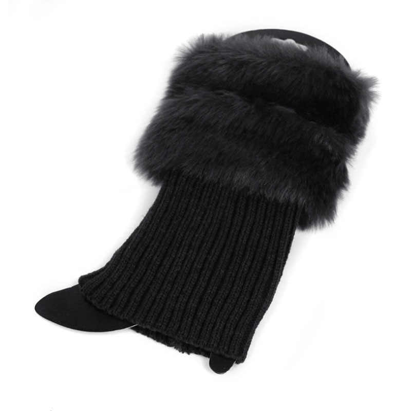 Women Winter Leg Warmers Lady Crochet Knit Fur Trim Leg Boot Socks Toppers Cuffs: Black