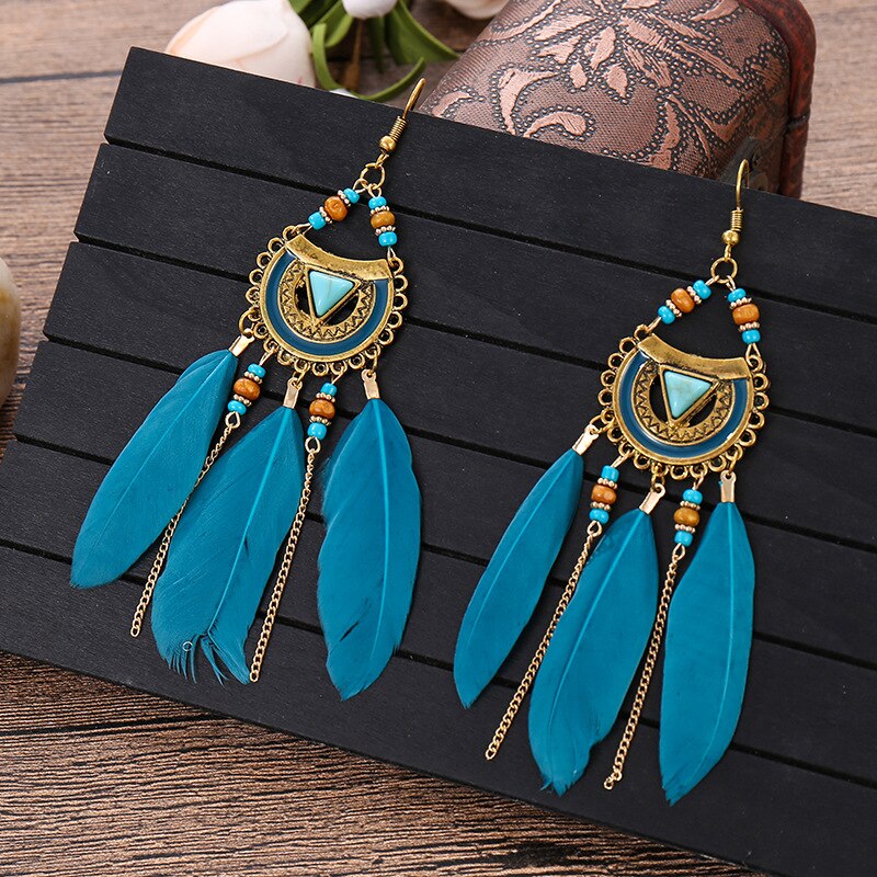 Pendientes colgantes de plumas bohemios para mujer, aretes largos de cuentas con borlas, joyería para , banquete,: E1511-2