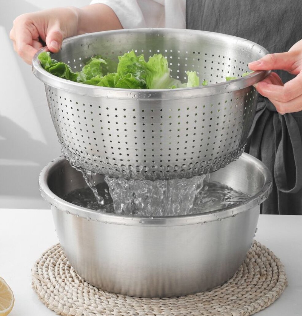 3Stck einstellen 304 Edelstahl Schüssel mit Deckel Sieb Küche Verdicken Kochen Salat Mischen Schalen einstellen Waschen Ablauf Suppe becken Schüssel
