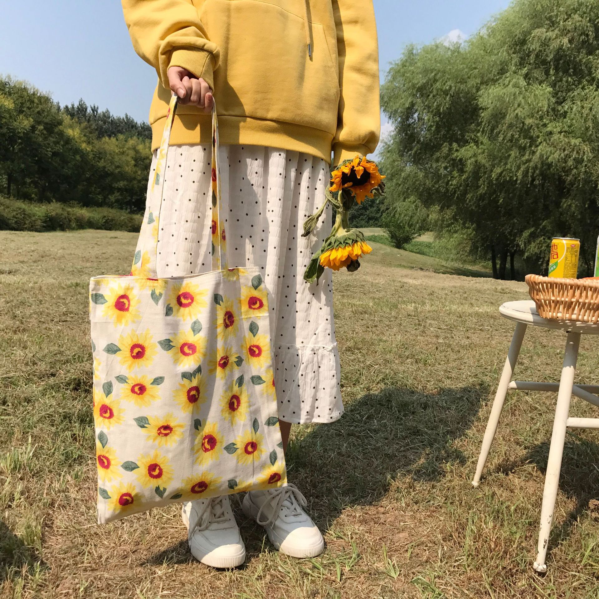 Youda originele zonnebloemprint dames canvas tassen japanse studenten schoudertas casual eenvoudige vrouwelijke winkeltas