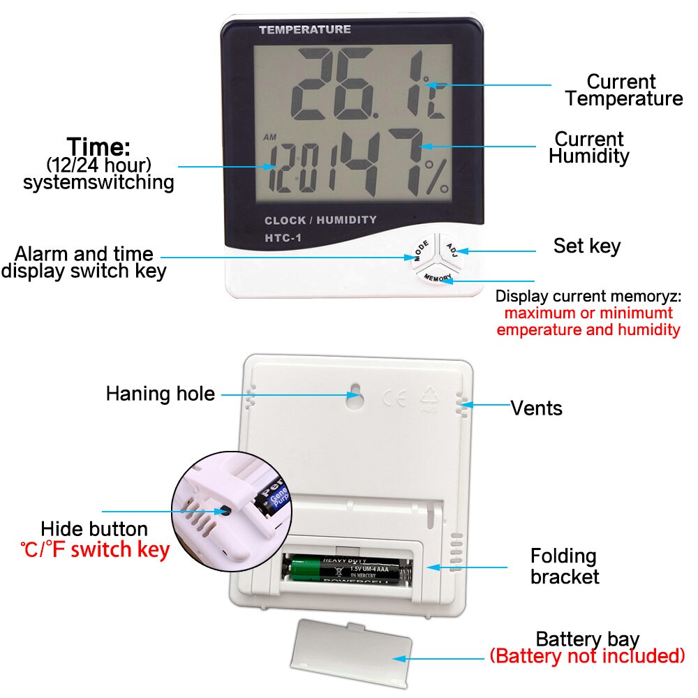 Thermomètre et Hygromètre Numérique LCD, avec un Affichage Électronique de la Température et de l&#39;Humidité, pour l&#39;Intérieur et l&#39;Extérieur, une Fonction de Station Météo et Horloge, Numéro de Modèle HTC-1/HTC-2