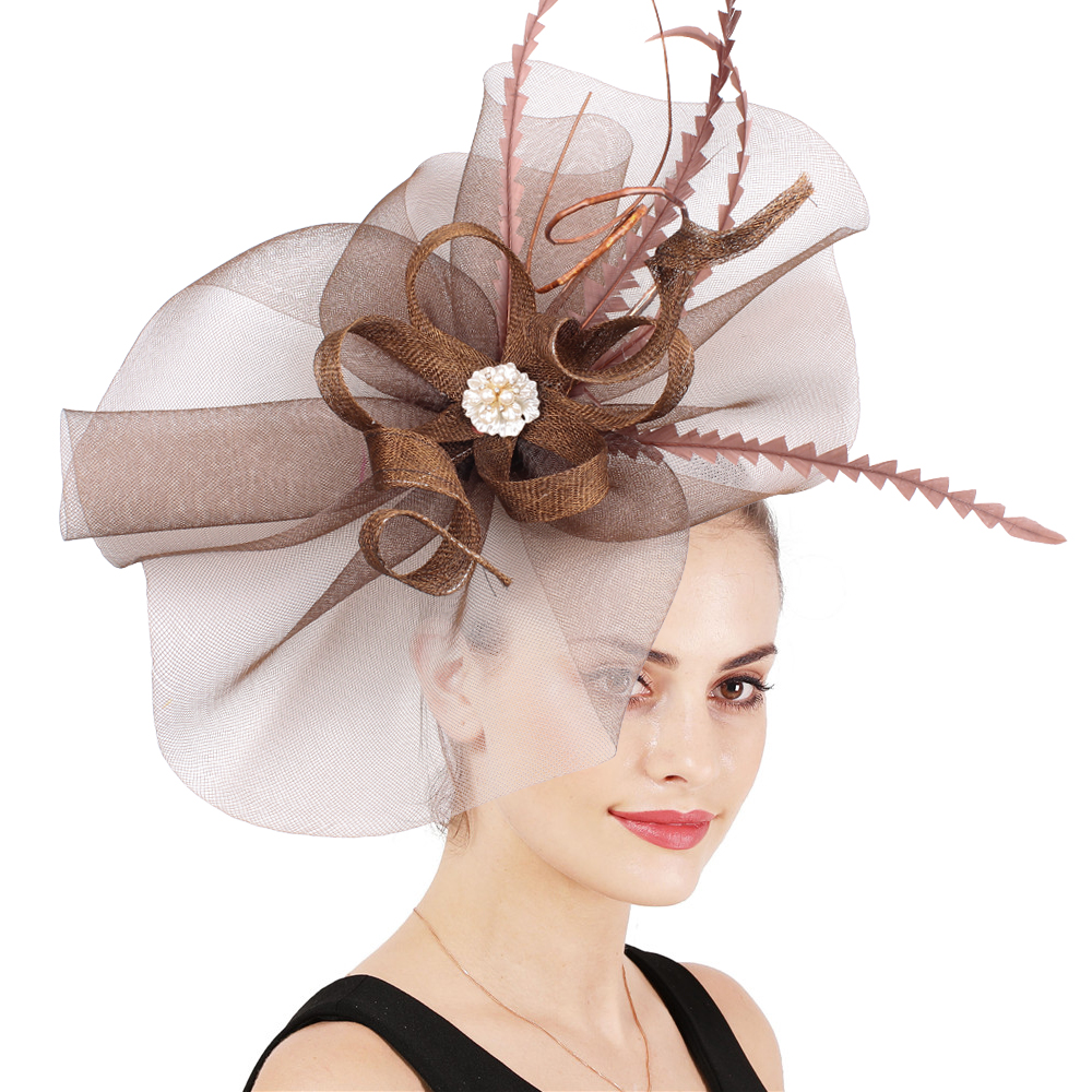 Women Sinamay Fascinators Hair Clip Wedding With Feather Nice Gold Hair Accessories Women Party Hat Wedding Headwear Hair Pins: Brown