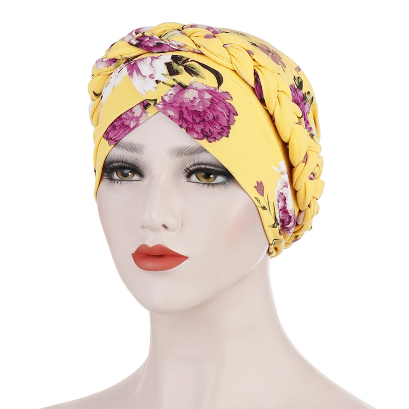 Flettede hijaber for kvinner korspann blomstertrykk muslimsk kvinne turban til fest islamsk hodeplagg elastisk hijab-lue: Kaffe