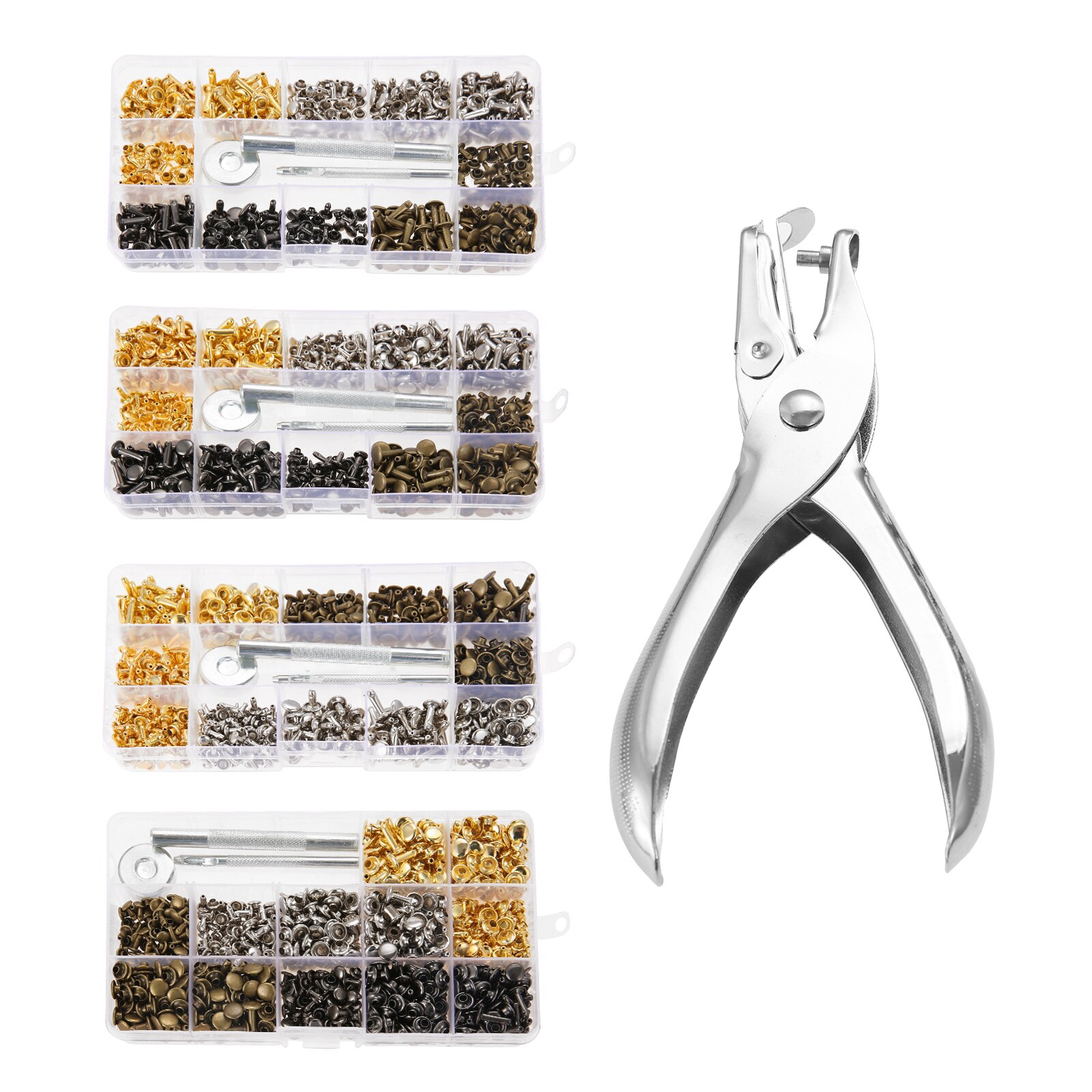 Remaches de cuero de doble tapa, tachuelas tubulares de Metal + alicates de perforación + herramienta de ajuste de 3 piezas para artesanía de cuero, juegos de 240/300/360/480