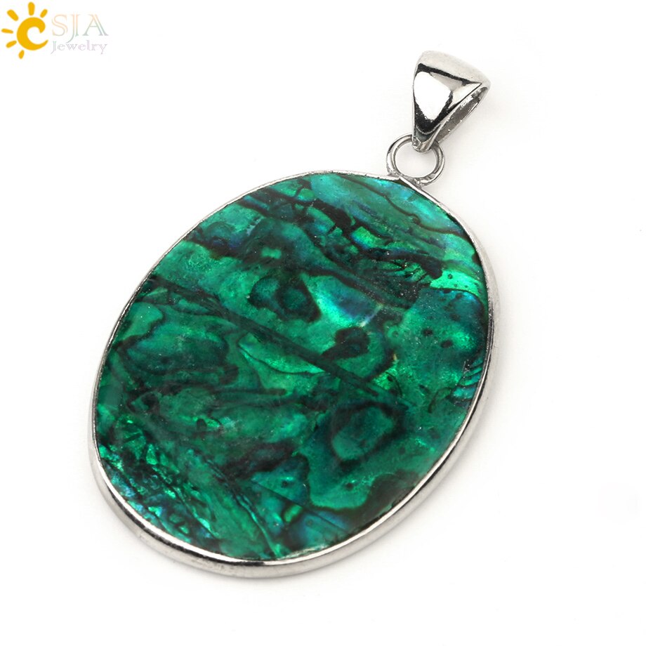CSJA Verde Ovale cavalla Borsette Ciondolo Paua abalone Borsette Tallone Piatto di colore Argento Pendenti con gemme e perle Collana per le Donne di Fascino Dei Monili Semplice g230: Pendant