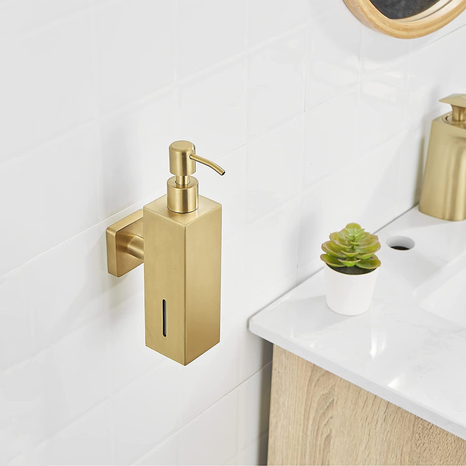 304 Brushed Stainless Steel Manual Soap Dispenser Wall Mounted Golden Black Square Round Soap Dispenser for Hotel Bathrooms: Silver