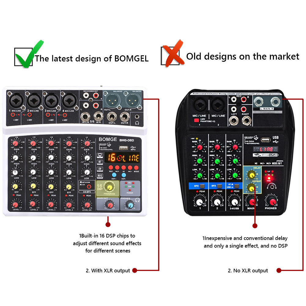 BMG-06D 6 Channels Mixing Console 16 DSP Bluetooth-compatible Audio Mixer USB Interface 48V Audio Equipment