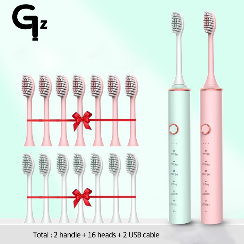 GeZhou-cepillo de dientes eléctrico sónico para niños, dispositivo de limpieza recargable IPX7, resistente al agua, 18 modos de viaje, 16 cabezales: N100pink green