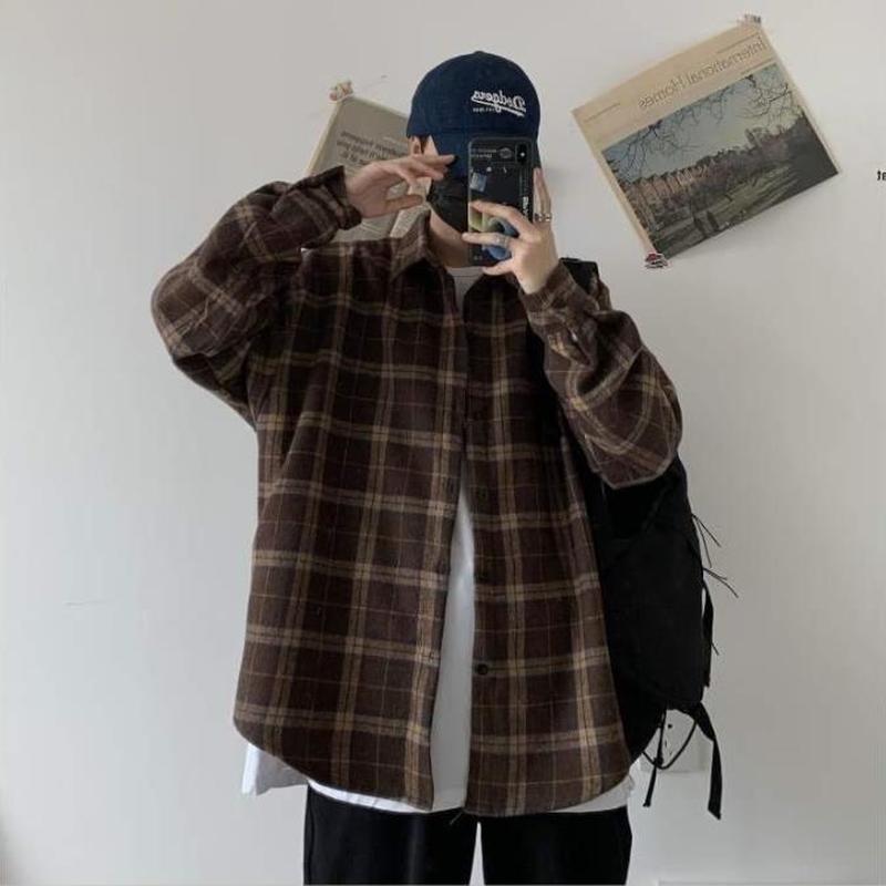 Korean Clothes Retro Thick Woolen Plaid Shirt Cotton Long Sleeve Turn-down Collar Brown Casual Loose Harajuku Couple Clothing