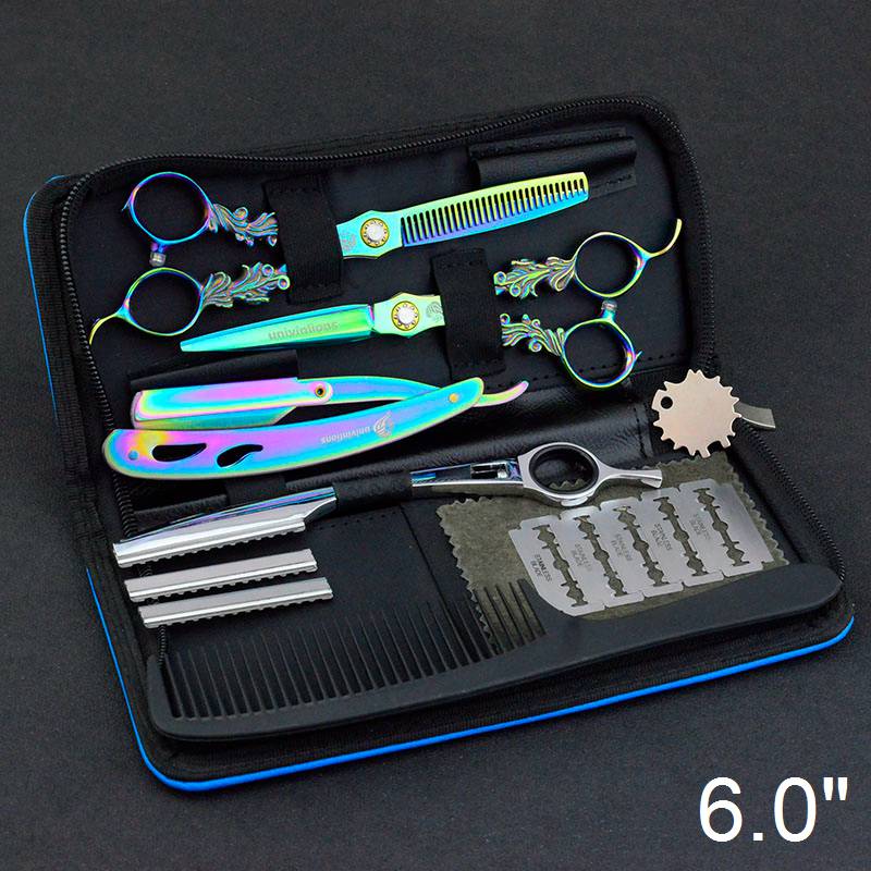 6" univinlions Rainbow 440C barber scissors hairdressing cut hairstyle salon clippers japanese hair cutting shears: 6055-Kit 2 Razors